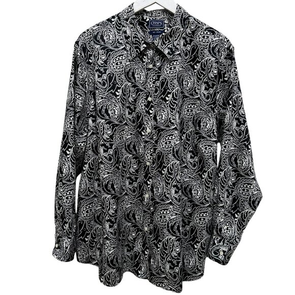 CHAPS Womens Shirt Plus Size 3X Black White Paisley Cotton Button Up Top No Iron - Picture 4 of 8